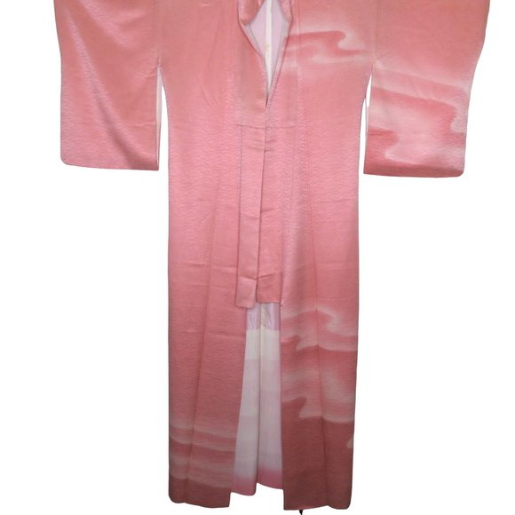 Japanese Kimono Silk Houmongi Vintage Pink Coral Peach Wave Water 63in Tsukesage - Picture 7 of 10